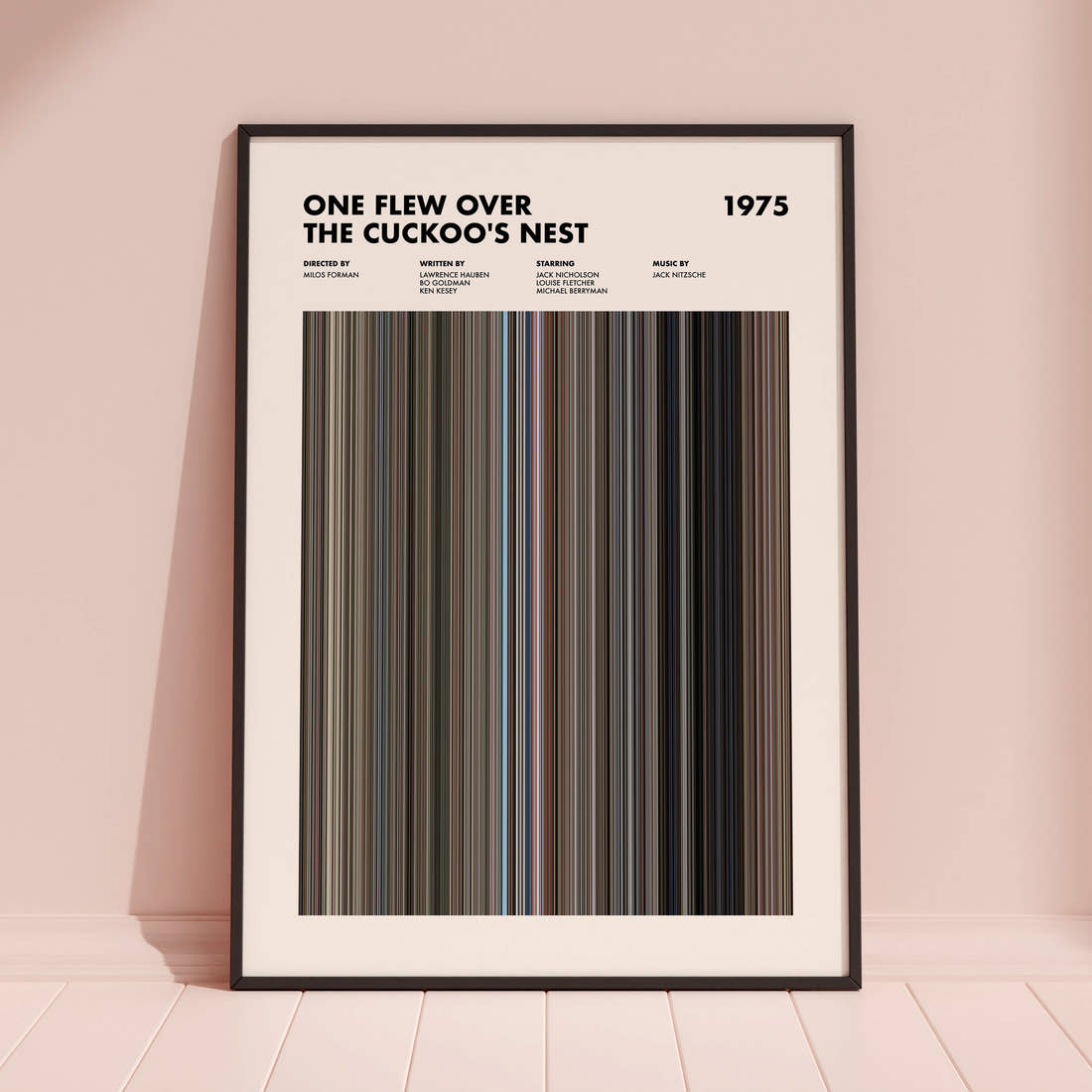 One Flew Over the Cuckoo's Nest Movie Barcode Poster framed and leaning against a coloured wall