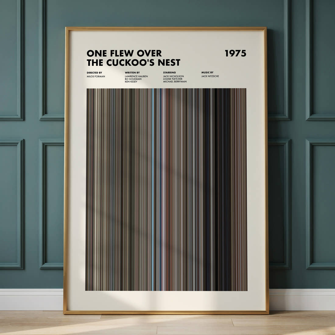 One Flew Over the Cuckoo's Nest Movie Barcode Poster framed and leaning against a panelled wall