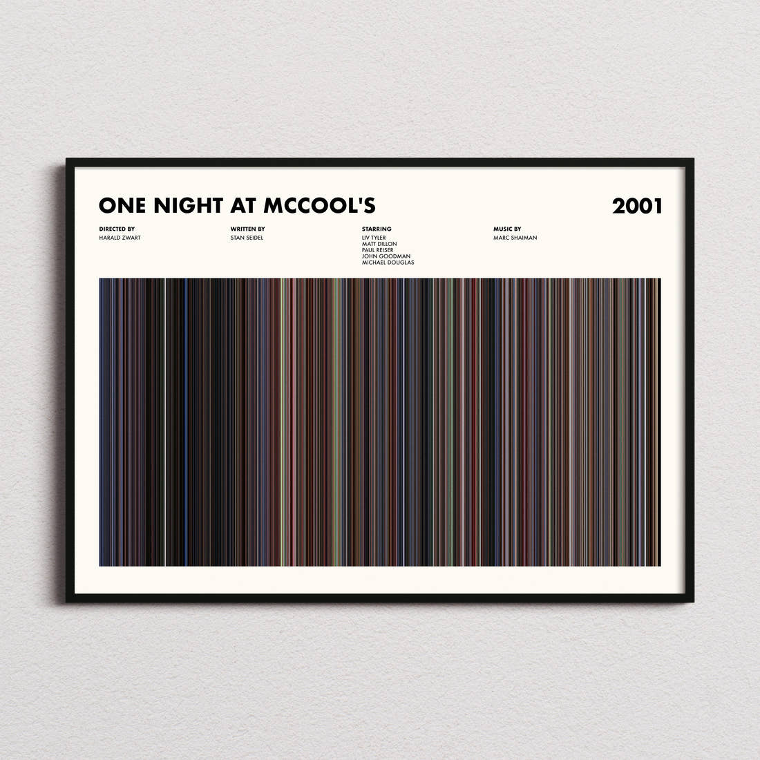 One Night At McCool's Movie Barcode Poster framed and photographed straight on
