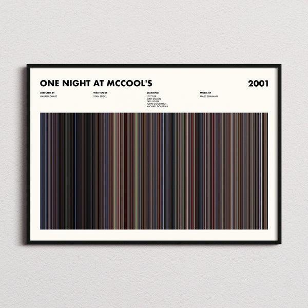 One Night At McCool's Movie Barcode Poster framed and photographed straight on