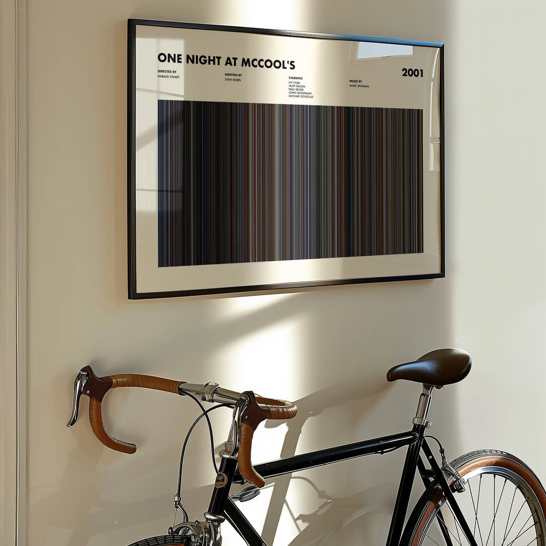 One Night At McCool's Movie Barcode Poster framed on the wall of a styled room setting