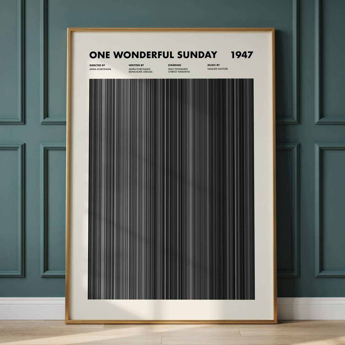 One Wonderful Sunday Movie Barcode Poster framed and leaning against a panelled wall