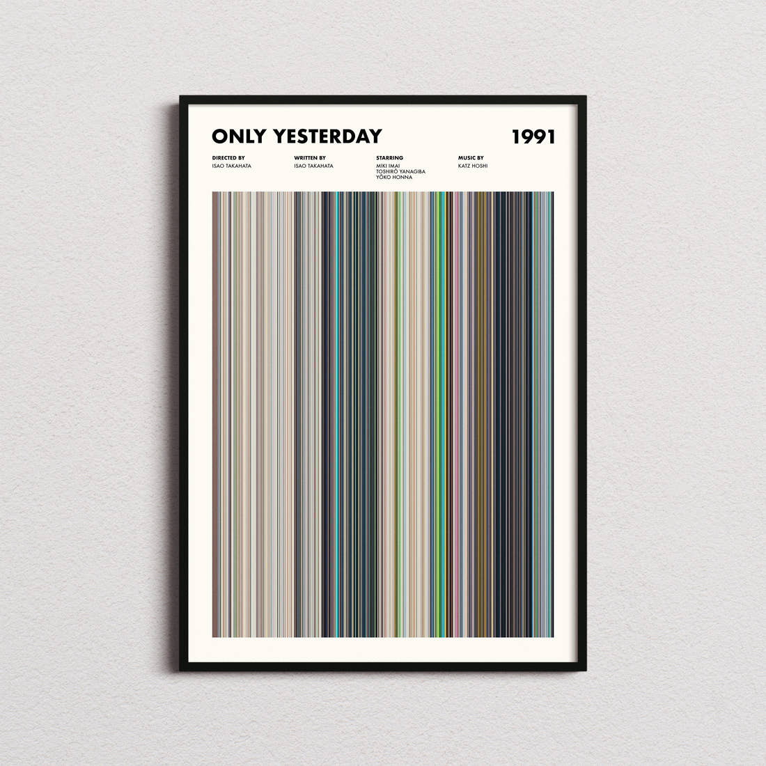 Only Yesterday Movie Barcode Poster framed on a plain studio wall