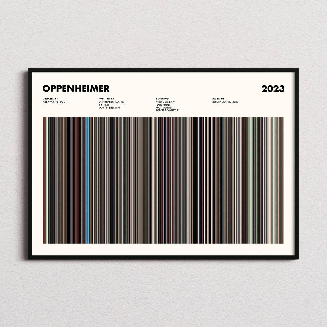 Oppenheimer Movie Barcode Poster framed and photographed straight on