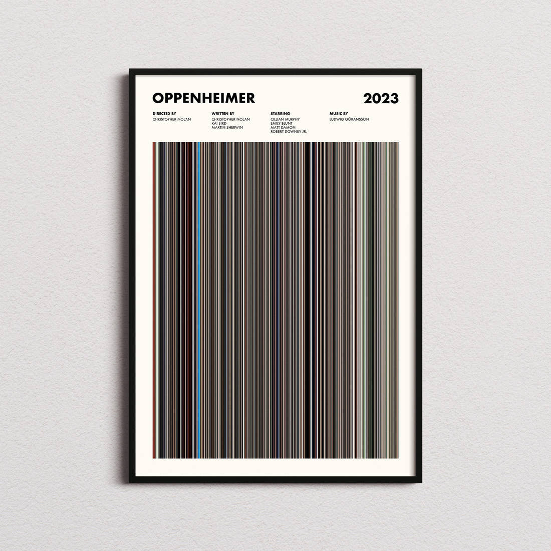 Oppenheimer Movie Barcode Poster framed on a plain studio wall