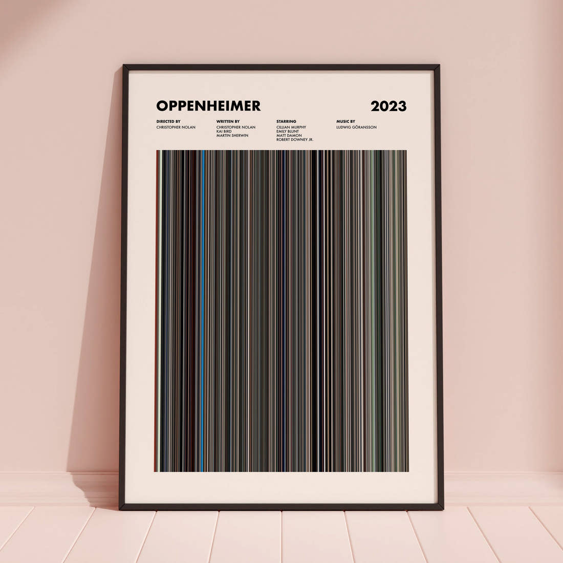 Oppenheimer Movie Barcode Poster framed and leaning against a coloured wall