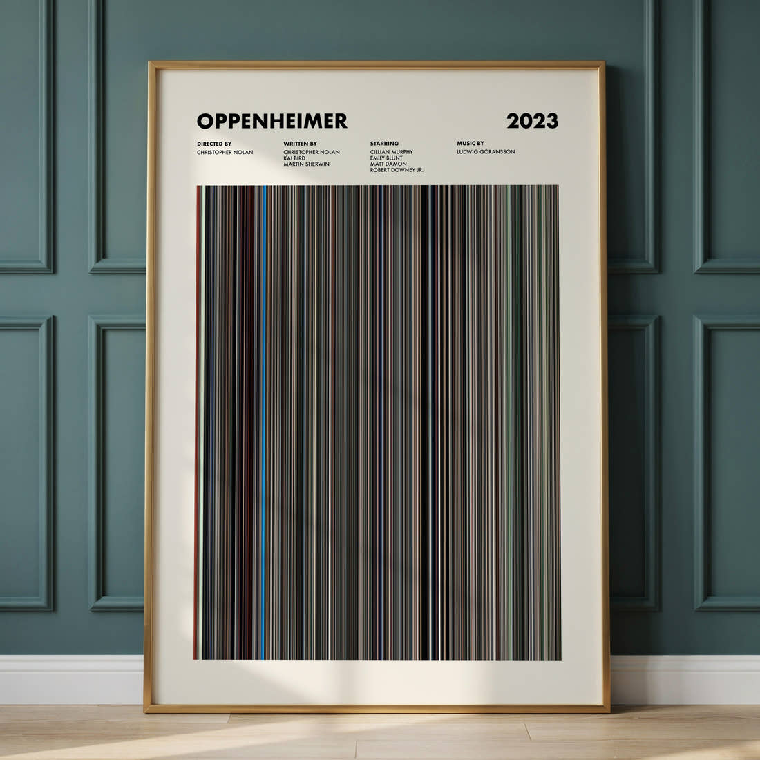 Oppenheimer Movie Barcode Poster framed and leaning against a panelled wall