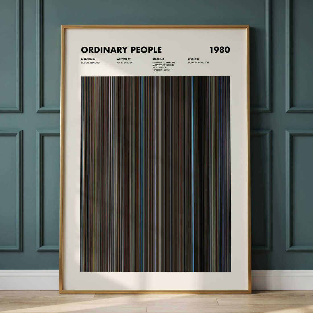 Ordinary People Movie Barcode Poster framed and leaning against a panelled wall