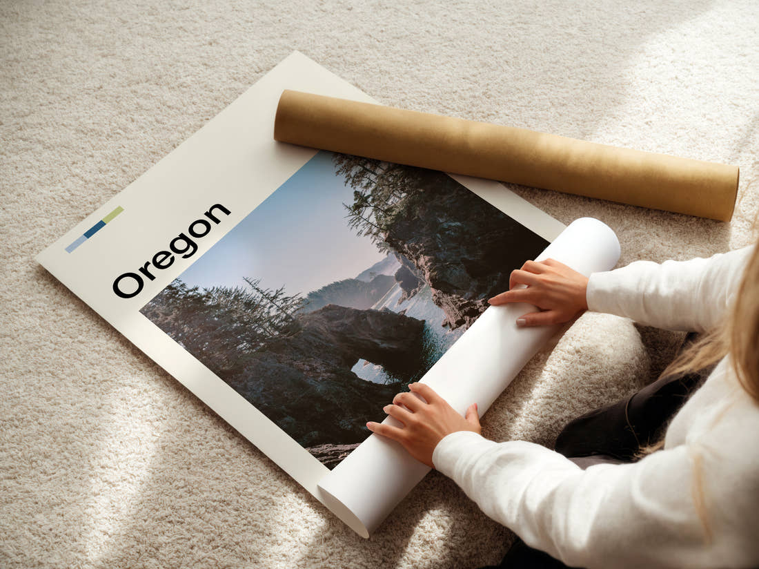 Oregon Sea Arch On The Coast Travel Print being unrolled from its postal tube