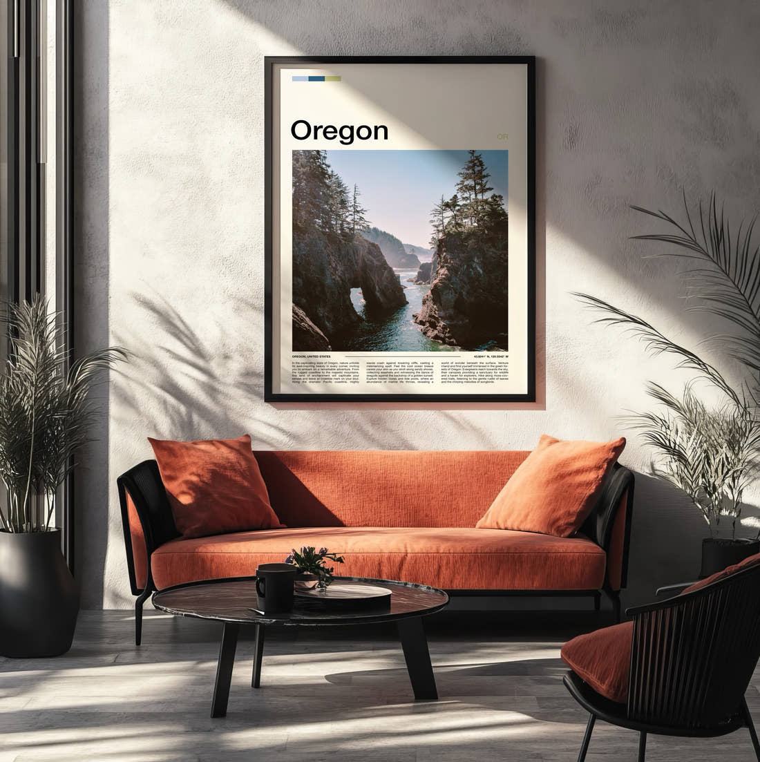 Oregon Sea Arch On The Coast Travel Print framed on the wall of a modern living room