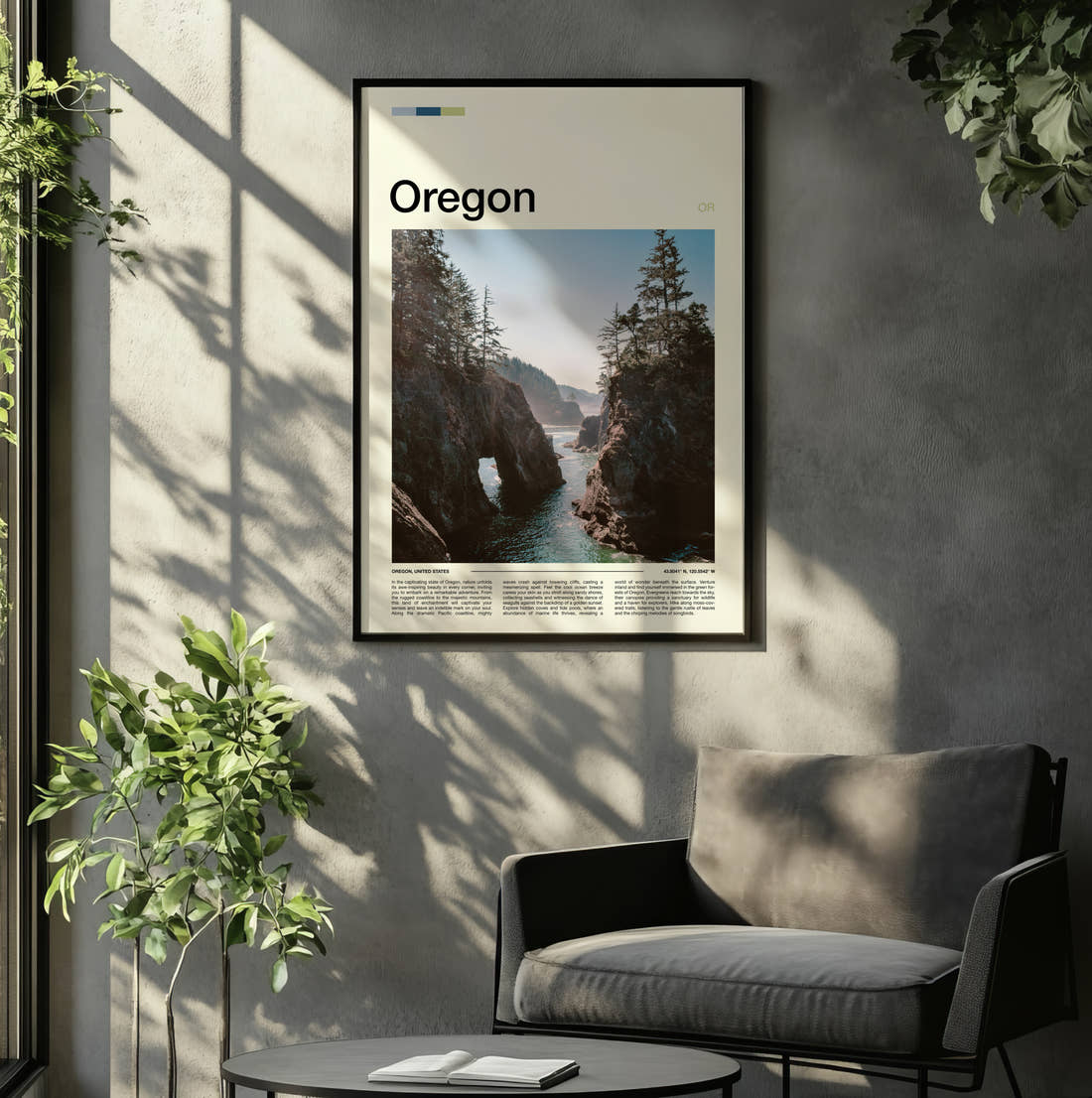 Oregon Sea Arch On The Coast Travel Print framed on the wall of a relaxed living room