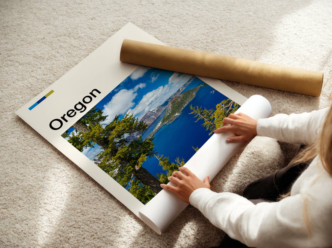 Oregon Crater Lake Travel Print being unrolled from its postal tube