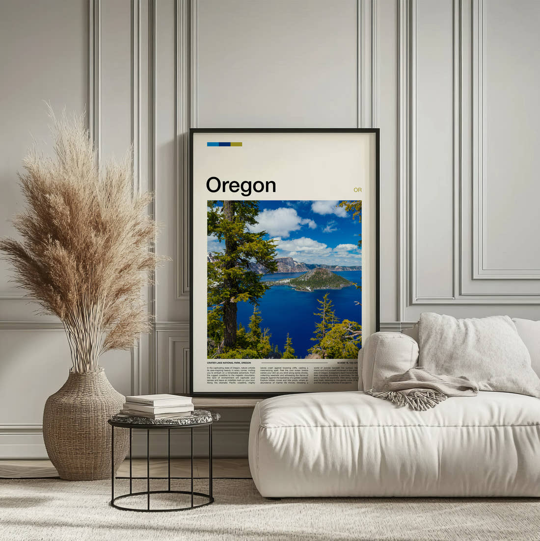 Oregon Crater Lake Travel Print framed on the wall of a calm, neutral bedroom