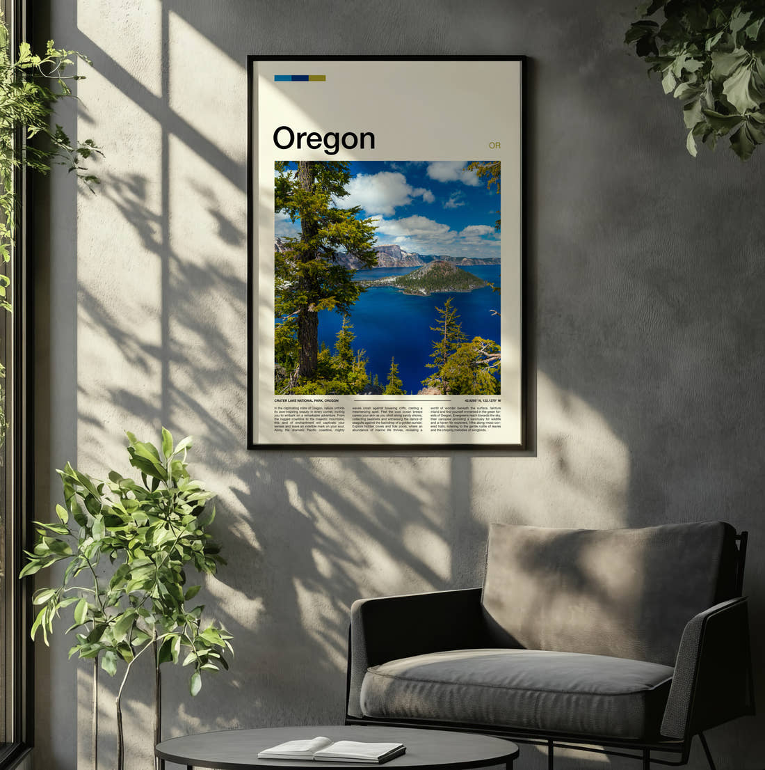 Oregon Crater Lake Travel Print framed on the wall of a relaxed living room