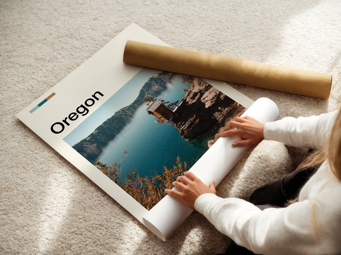 Oregon Wooden Hut Above The Lake Travel Print being unrolled from its postal tube