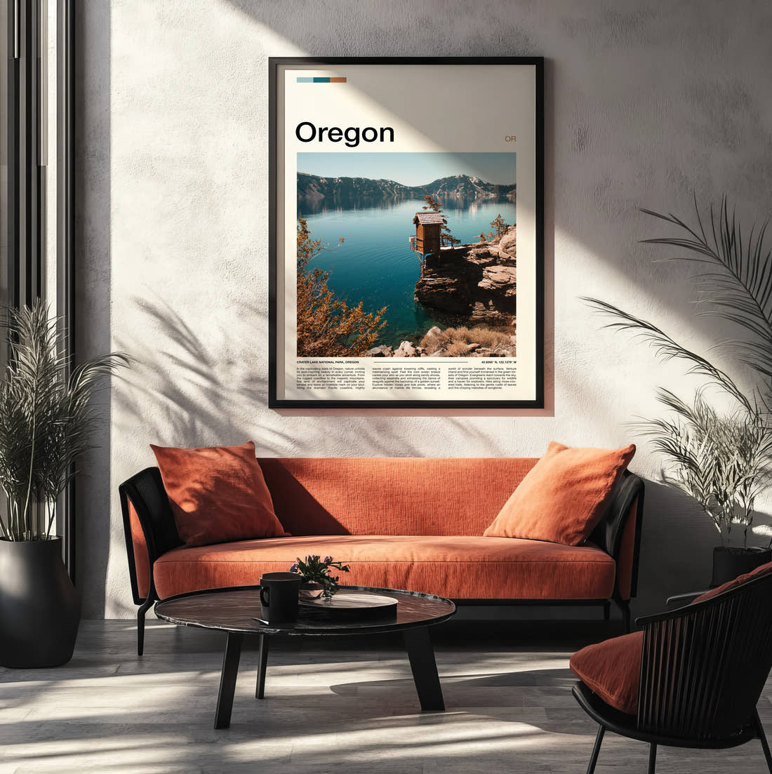 Oregon Wooden Hut Above The Lake Travel Print framed on the wall of a modern living room