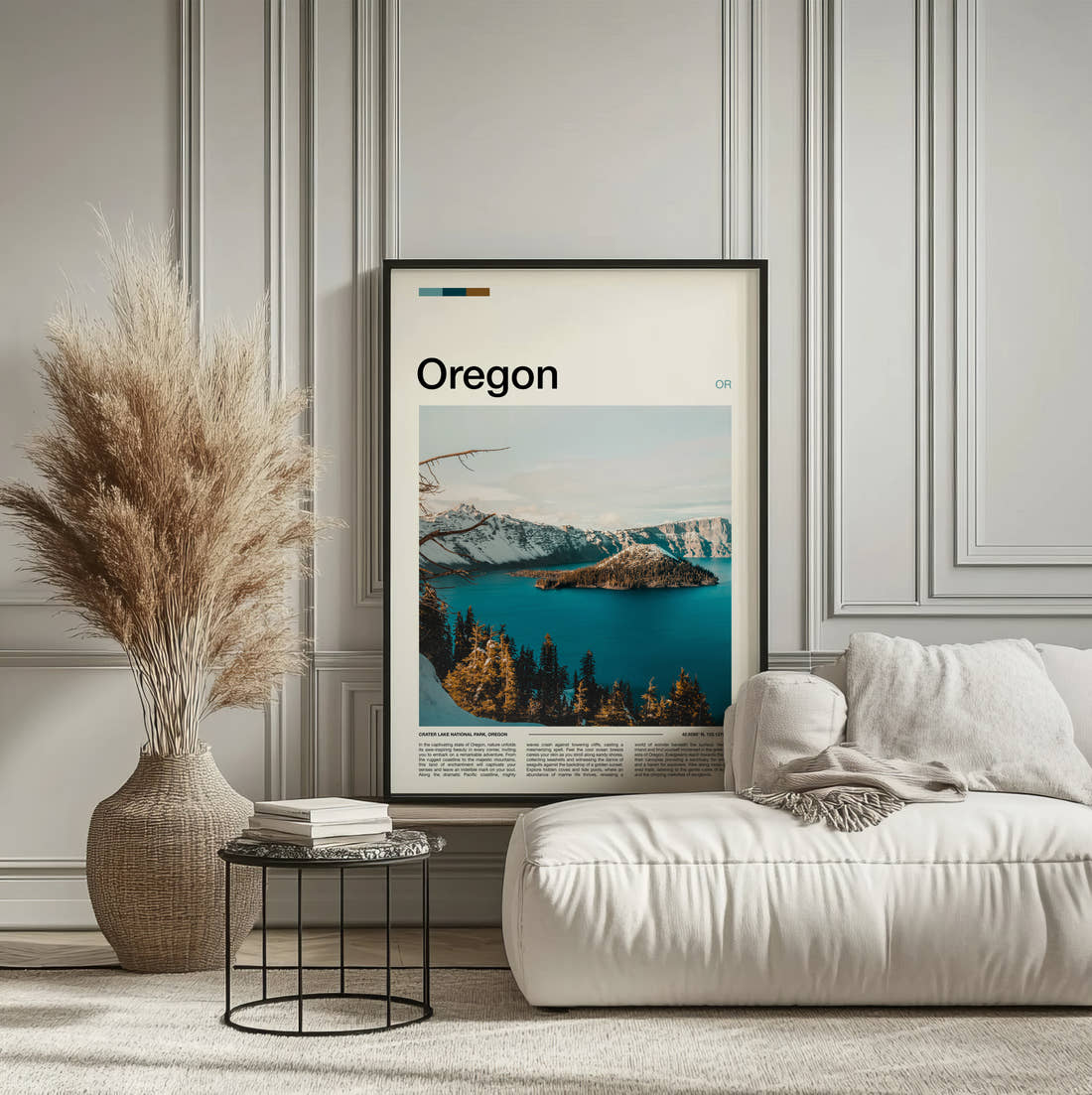 Oregon Wizard Island In Snow Travel Print framed on the wall of a calm, neutral bedroom