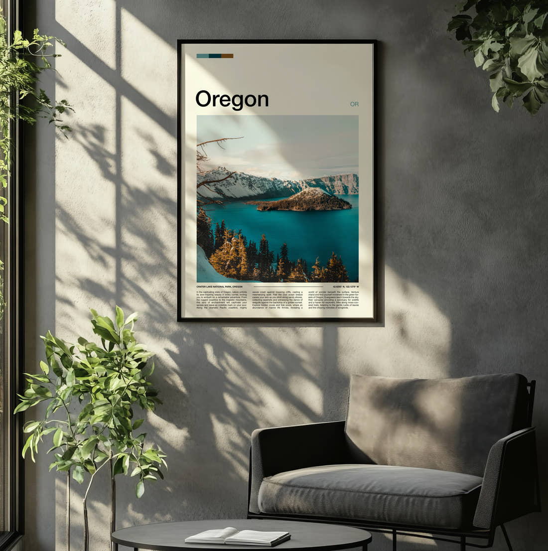 Oregon Wizard Island In Snow Travel Print framed on the wall of a relaxed living room
