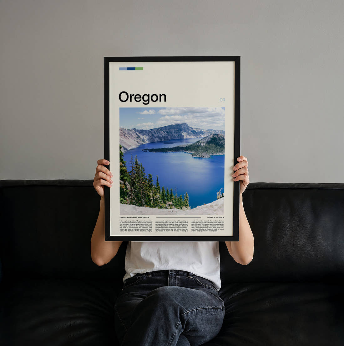 Oregon Crater Lake In Snow Travel Print held up by hand to show the size of the print