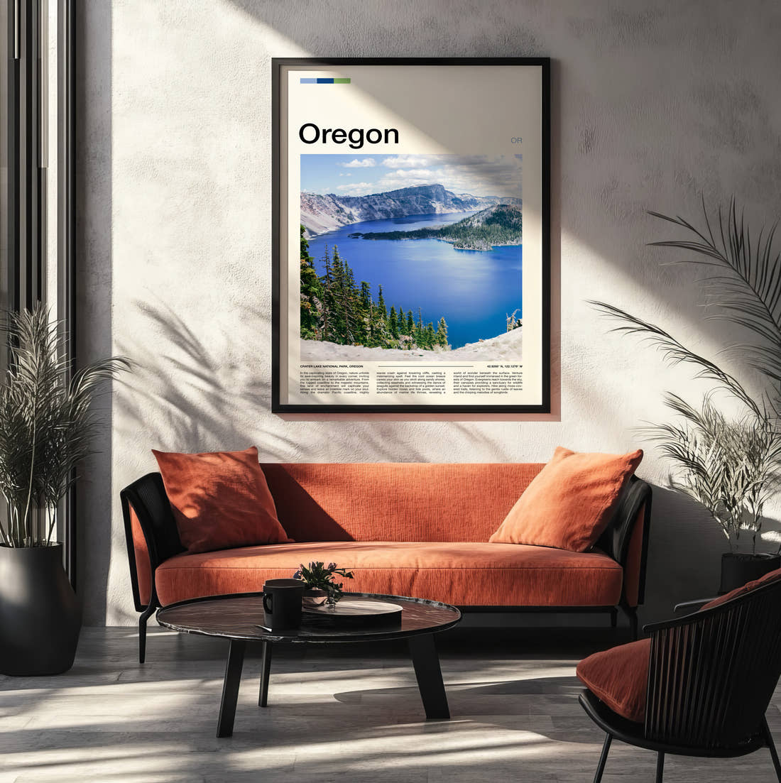 Oregon Crater Lake In Snow Travel Print framed on the wall of a modern living room