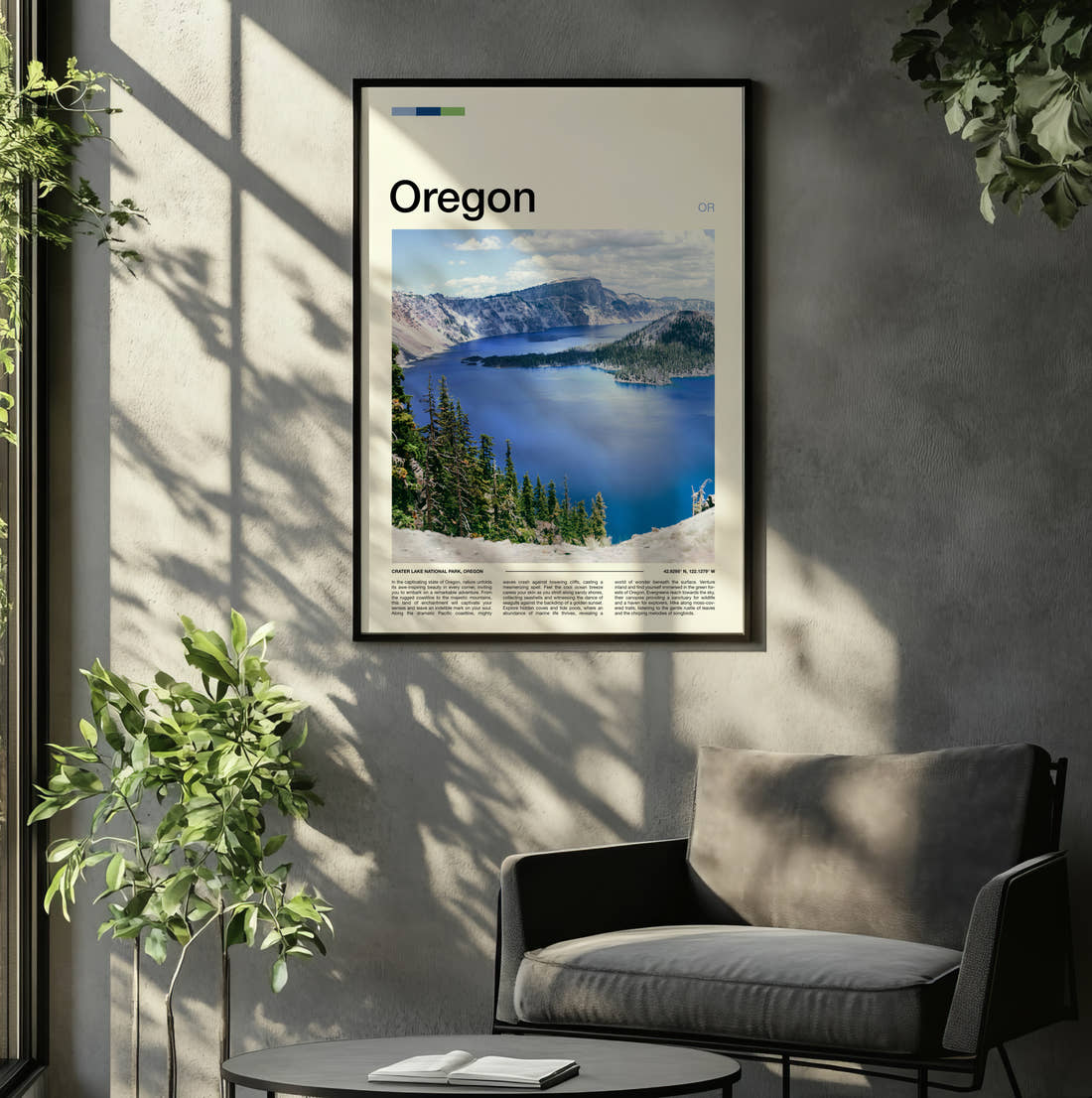Oregon Crater Lake In Snow Travel Print framed on the wall of a relaxed living room