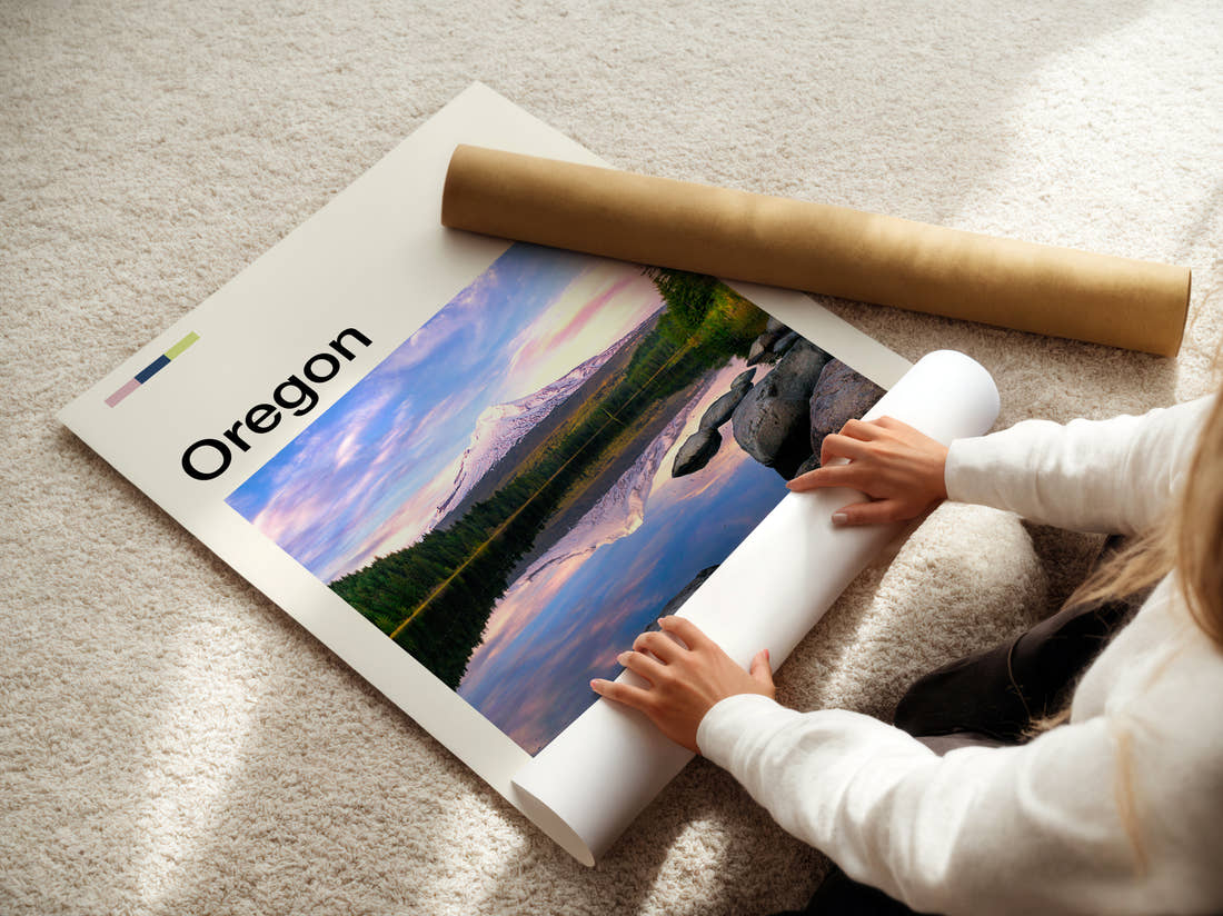 Oregon Mount Hood Reflected Travel Print being unrolled from its postal tube