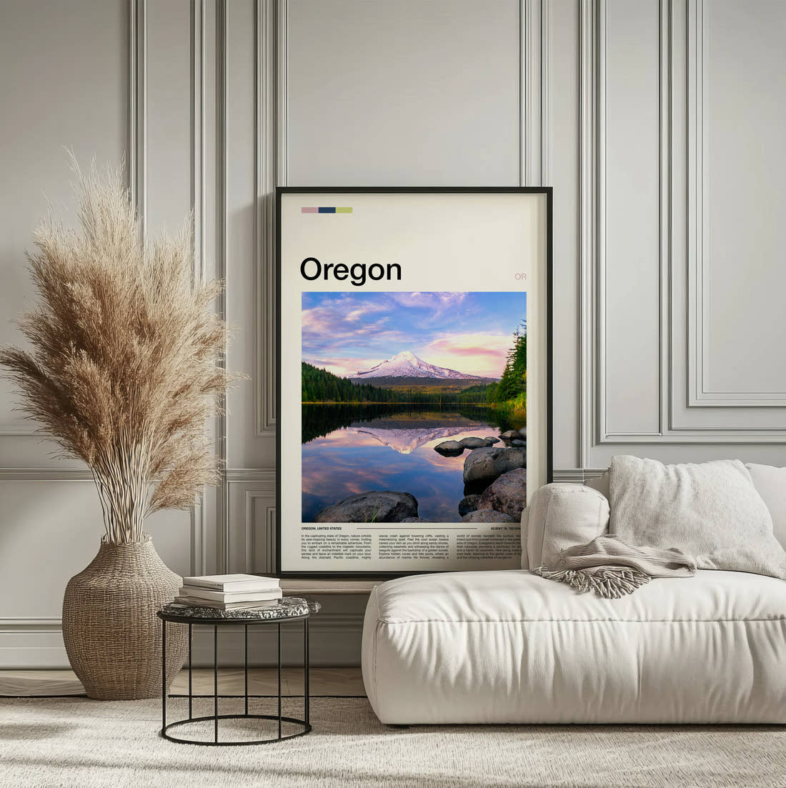 Oregon Mount Hood Reflected Travel Print framed on the wall of a calm, neutral bedroom