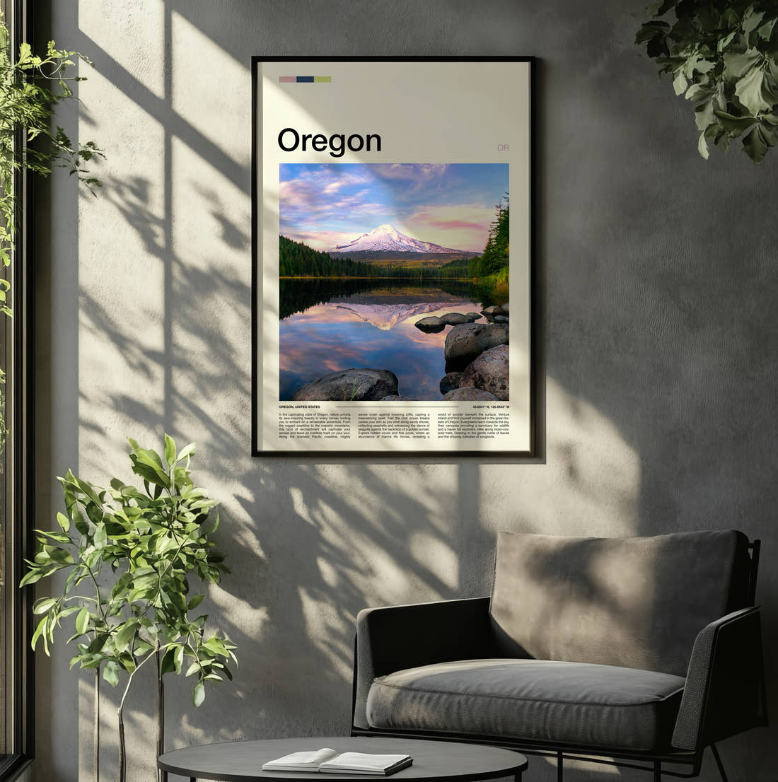 Oregon Mount Hood Reflected Travel Print framed on the wall of a relaxed living room