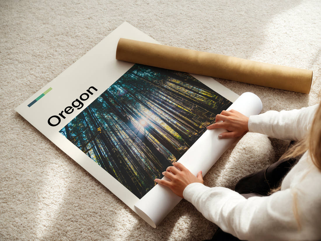 Oregon Sunlight Through Tall Trees Travel Print being unrolled from its postal tube