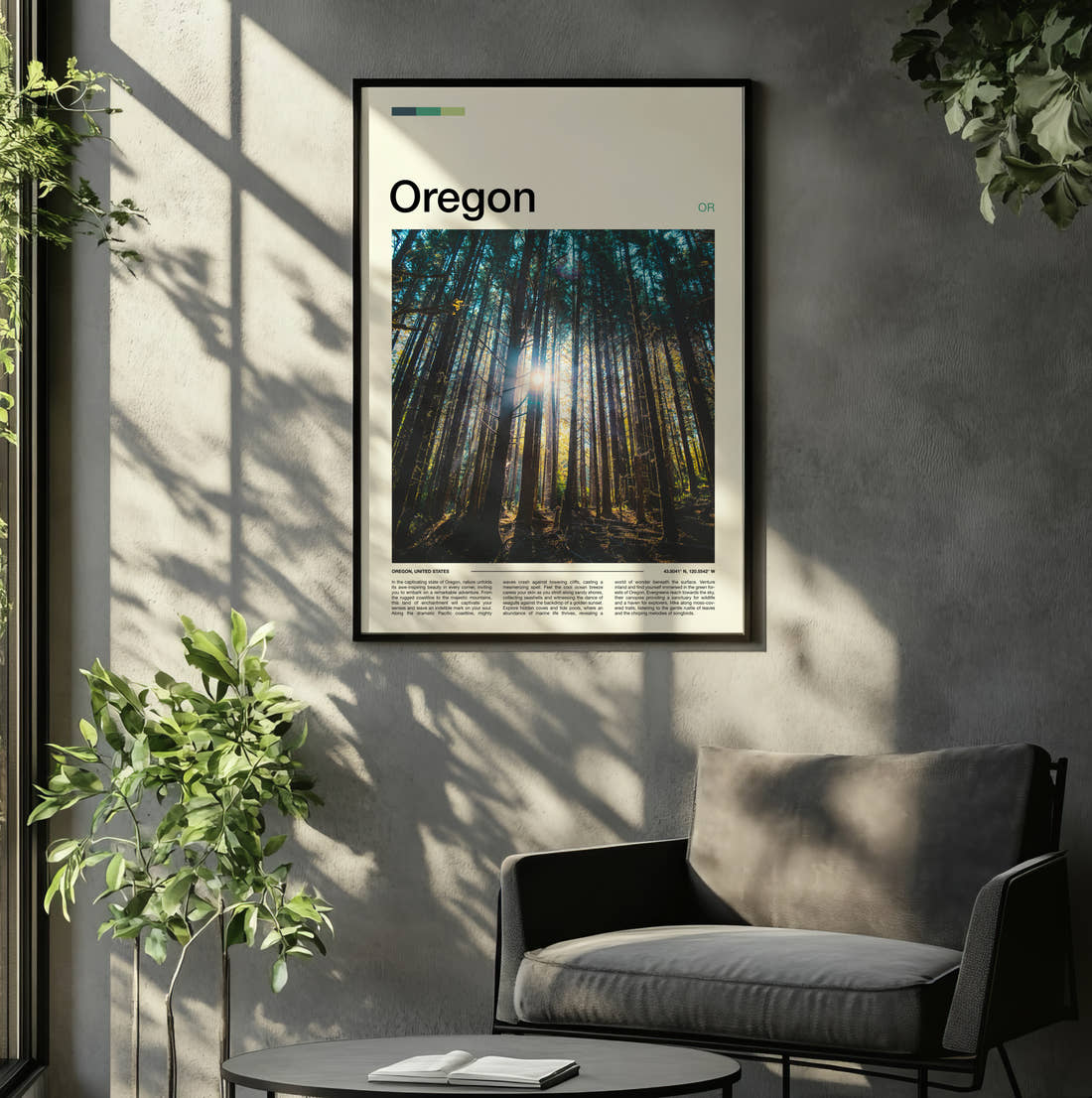 Oregon Sunlight Through Tall Trees Travel Print framed on the wall of a relaxed living room