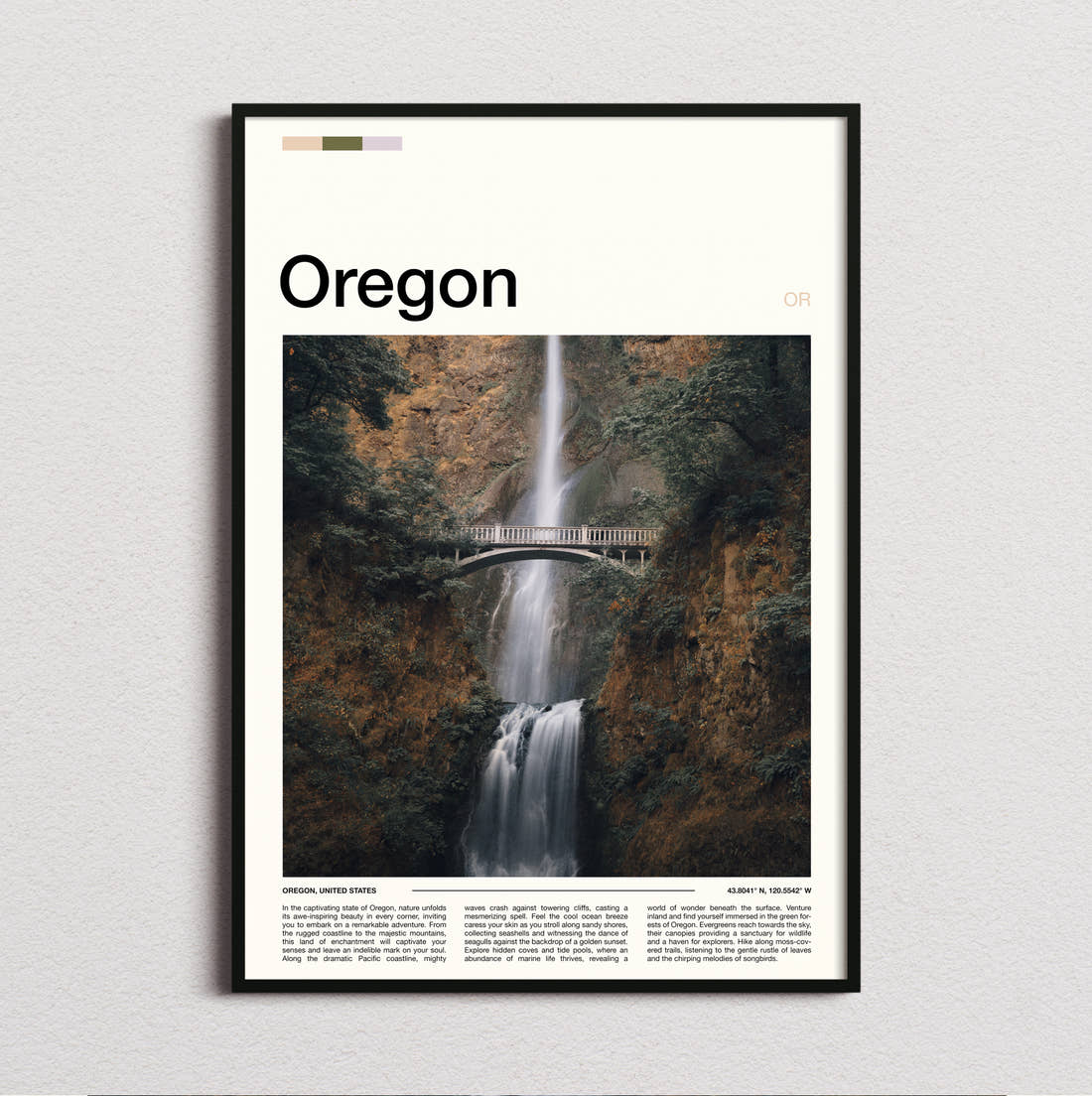Oregon Multnomah Falls Travel Print framed and photographed straight on