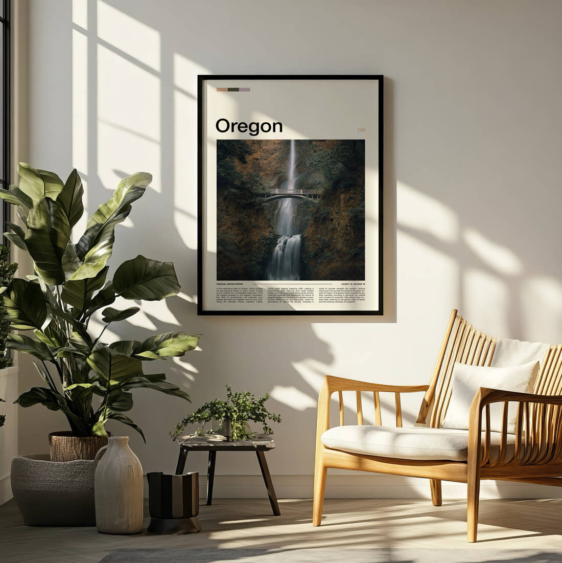 Oregon Multnomah Falls Travel Print framed on a pale wall beside houseplants
