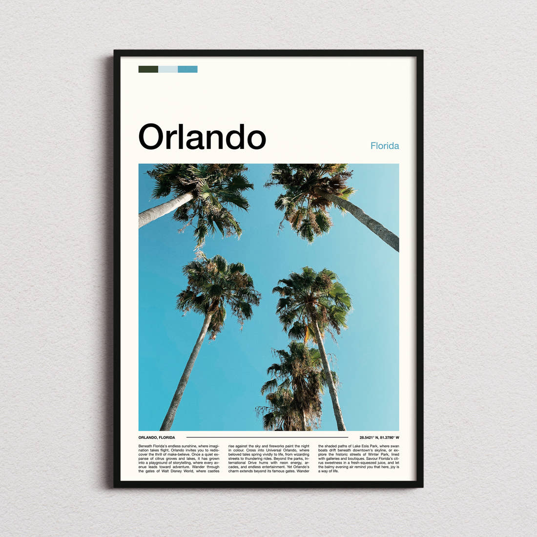Orlando Towering Palm Canopy Travel Print framed and photographed straight on