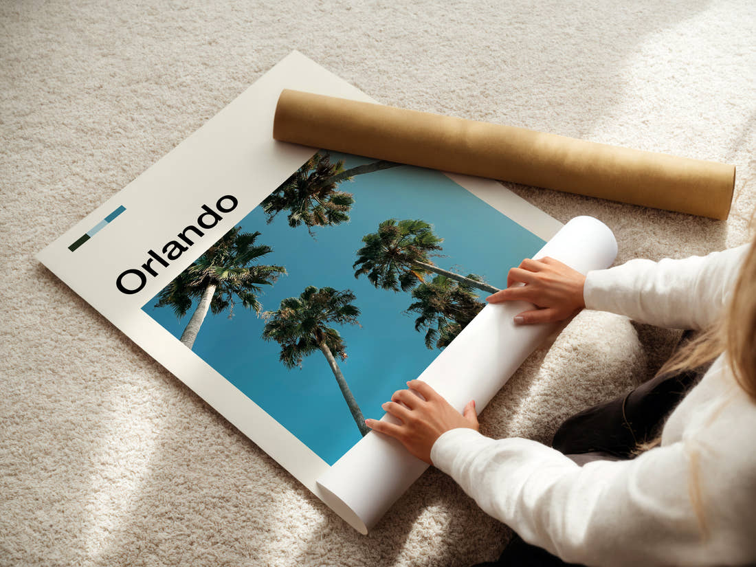 Orlando Towering Palm Canopy Travel Print being unrolled from its postal tube