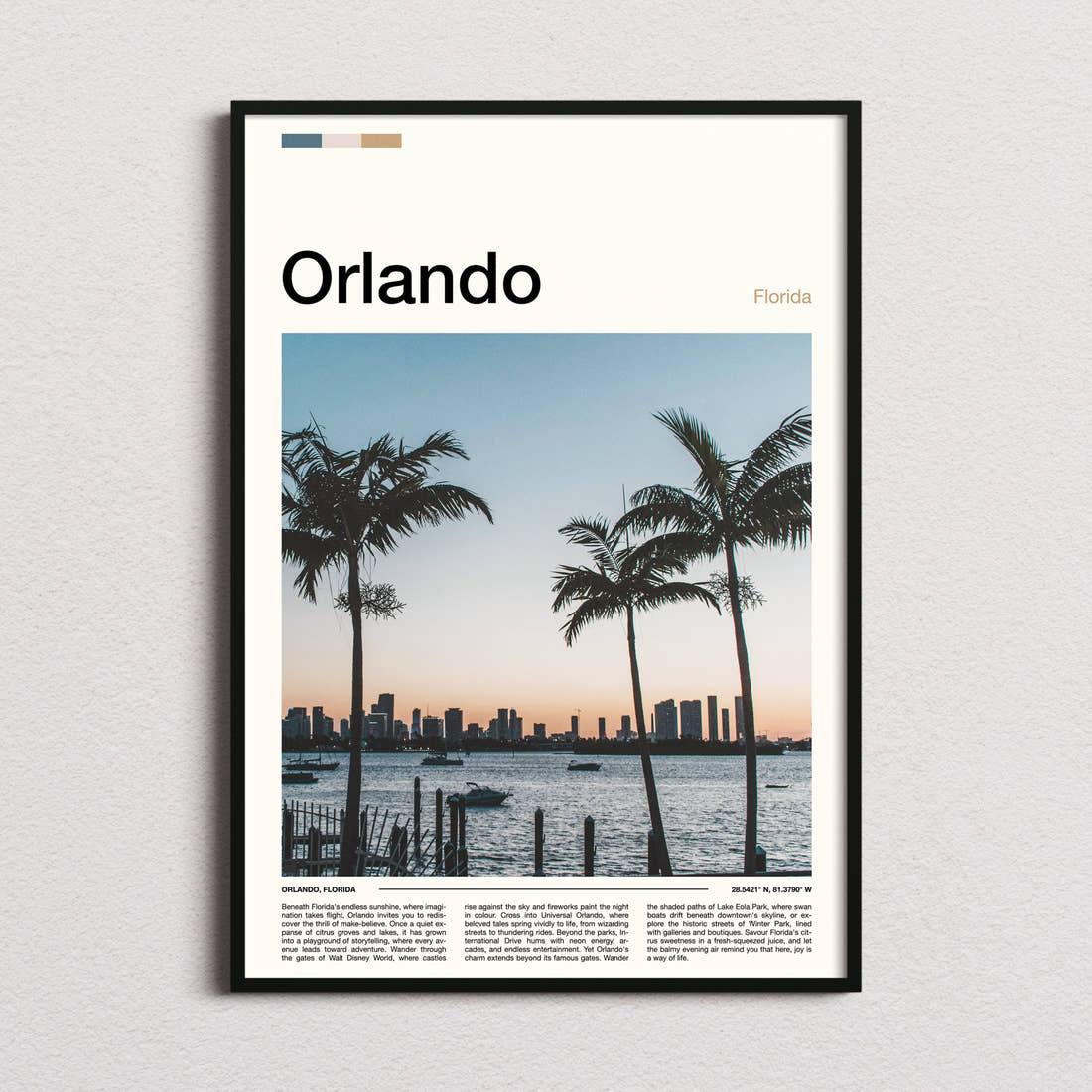 Orlando Palm-Framed City Skyline Travel Print framed and photographed straight on