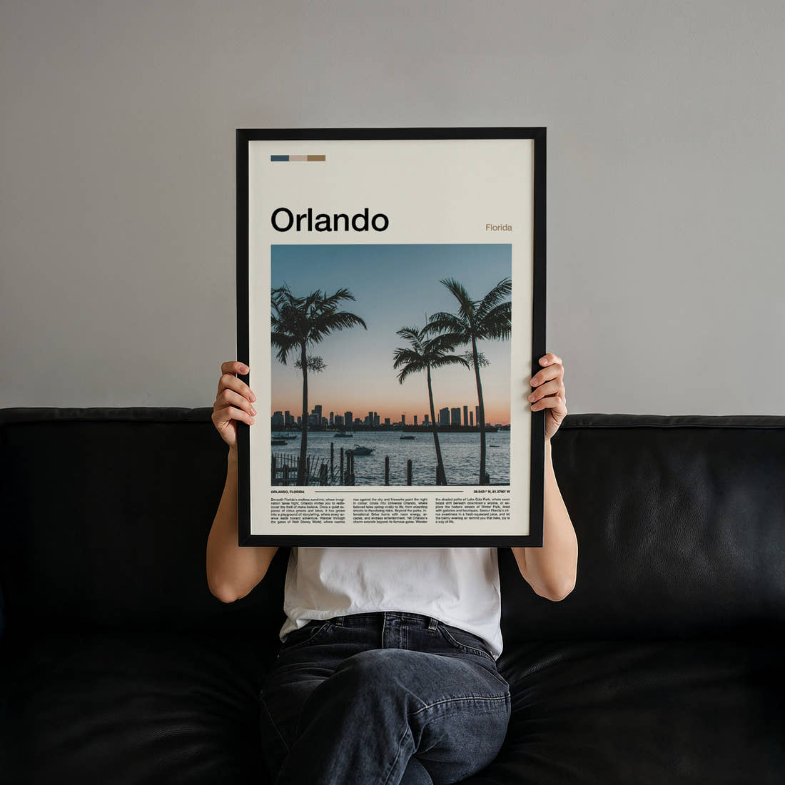 Orlando Palm-Framed City Skyline Travel Print held up by hand to show the size of the print