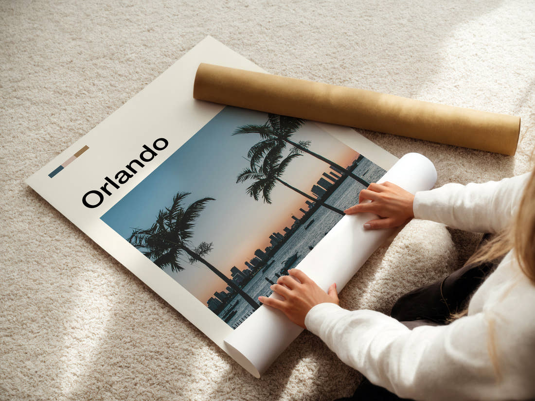 Orlando Palm-Framed City Skyline Travel Print being unrolled from its postal tube