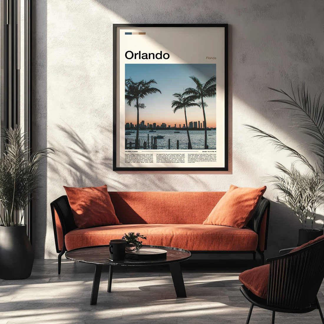 Orlando Palm-Framed City Skyline Travel Print framed on the wall of a modern living room