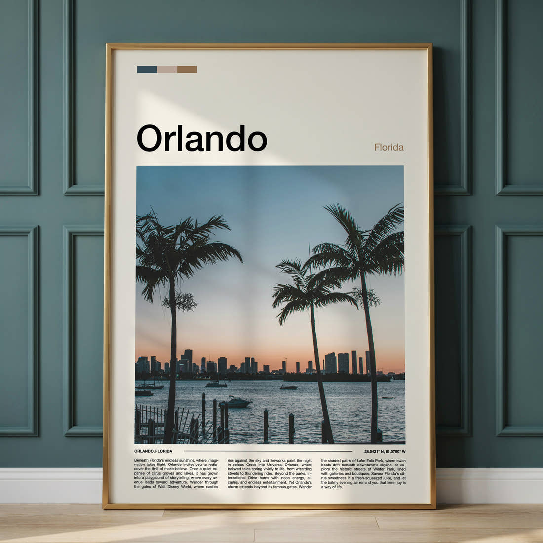 Orlando Palm-Framed City Skyline Travel Print framed on the wall of a calm, neutral bedroom