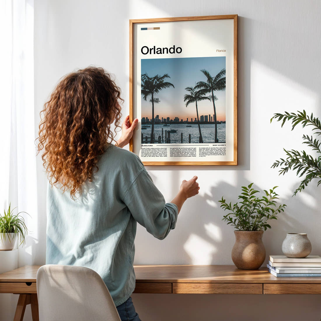 Orlando Palm-Framed City Skyline Travel Print framed on a pale wall beside houseplants