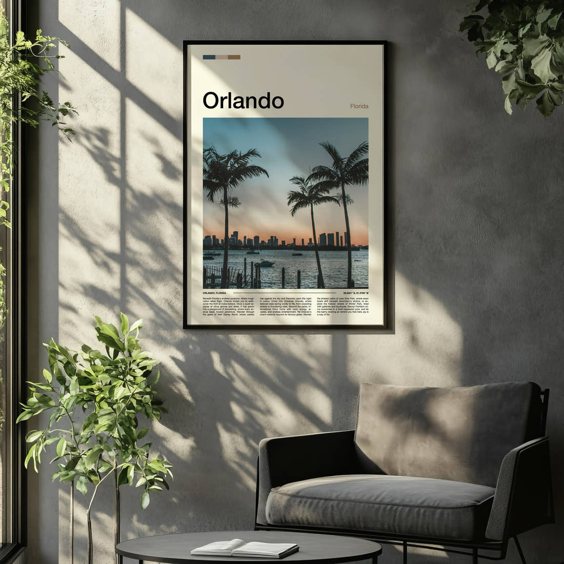 Orlando Palm-Framed City Skyline Travel Print framed on the wall of a relaxed living room