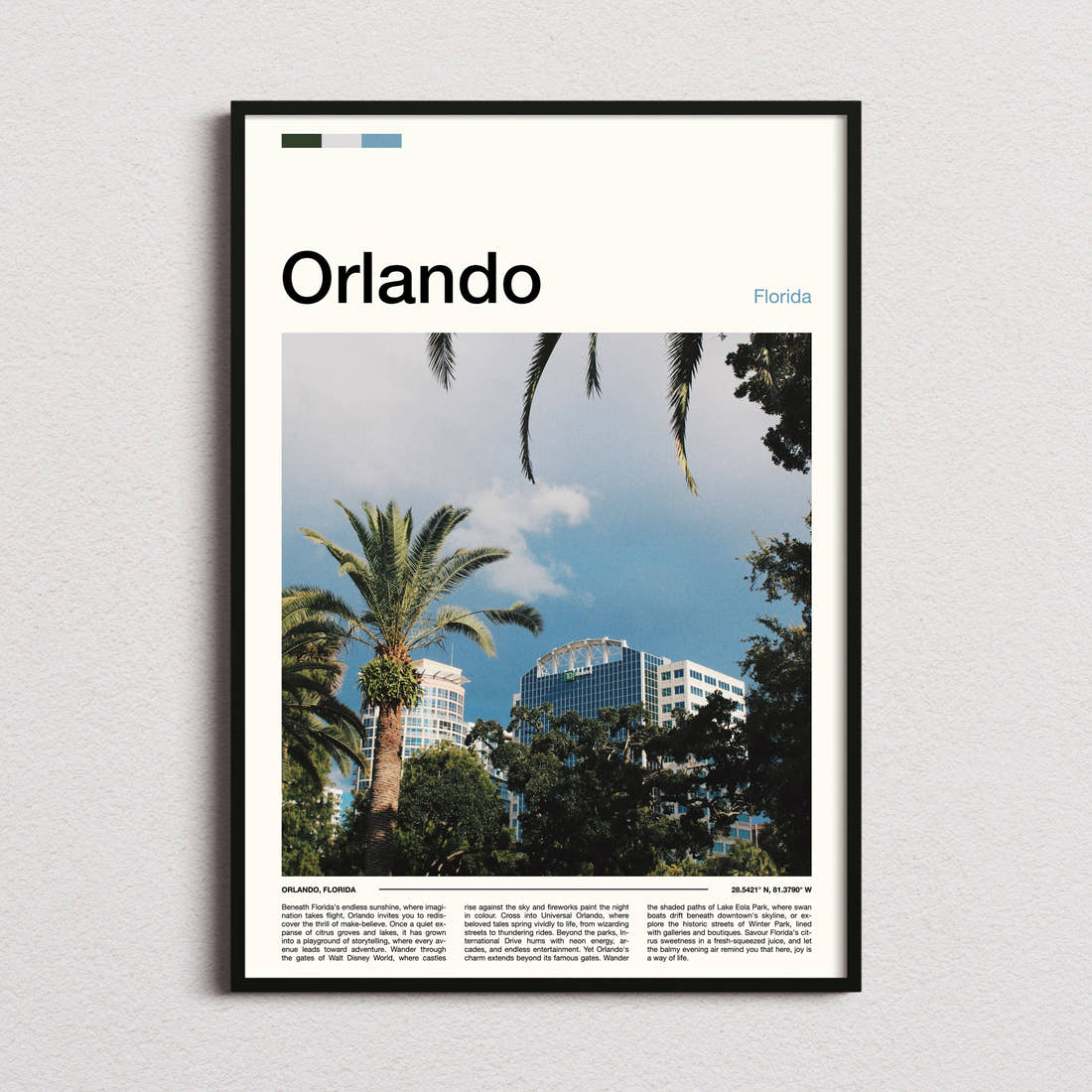 Orlando Skyline Through Palms Travel Print framed and photographed straight on