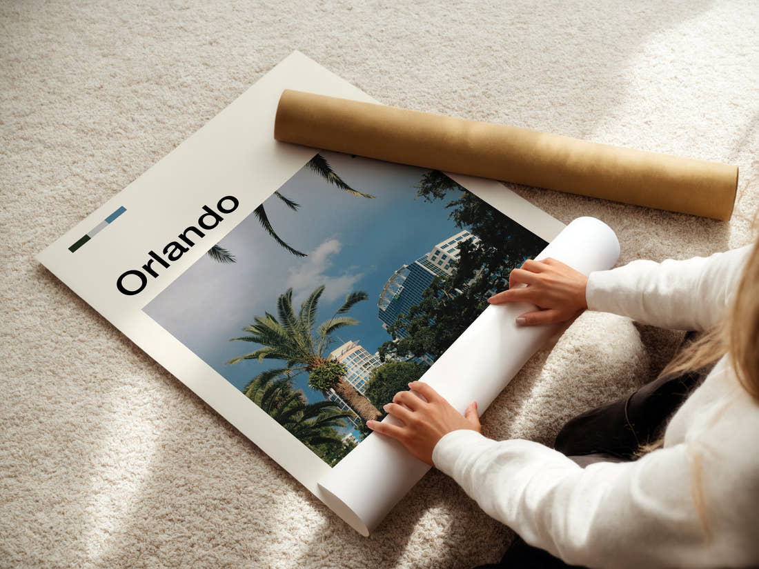 Orlando Skyline Through Palms Travel Print being unrolled from its postal tube