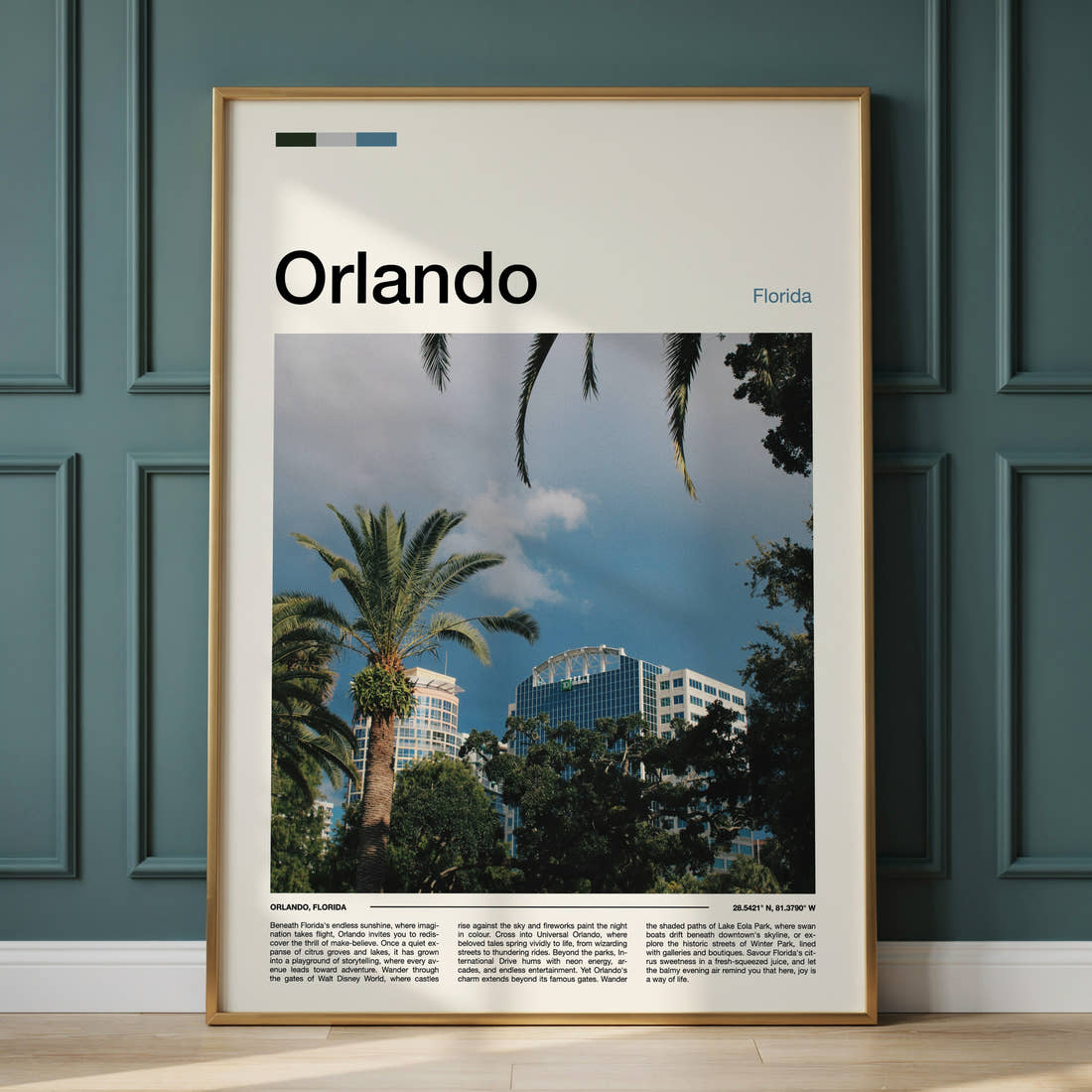 Orlando Skyline Through Palms Travel Print framed on the wall of a calm, neutral bedroom