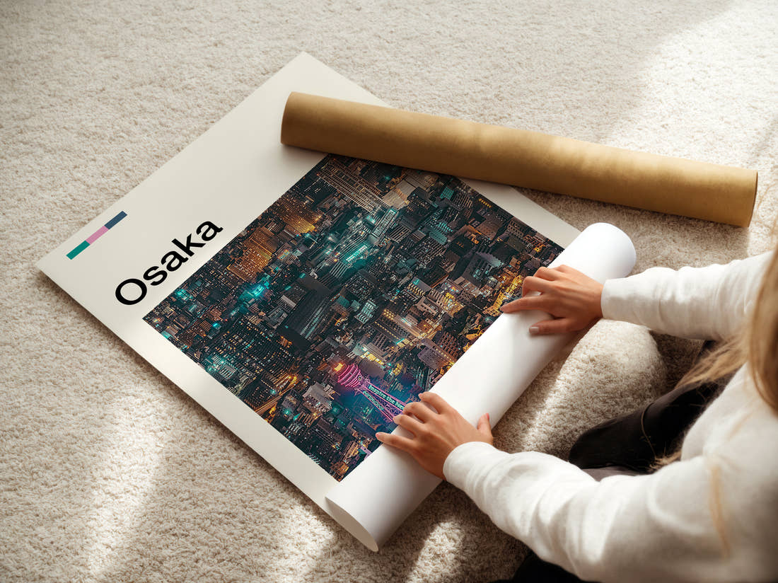 Osaka Neon City At Night Travel Print being unrolled from its postal tube