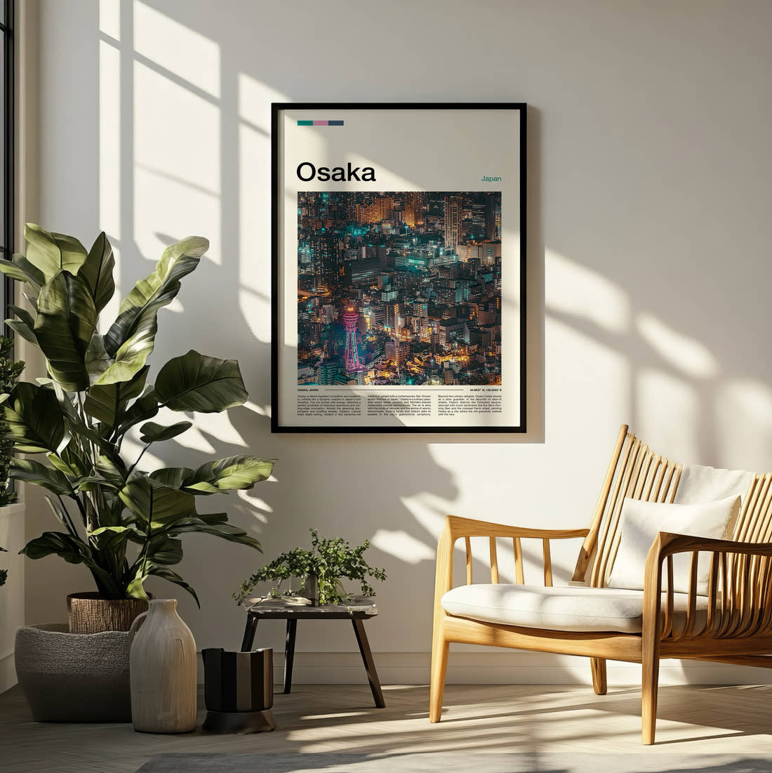 Osaka Neon City At Night Travel Print framed on a pale wall beside houseplants