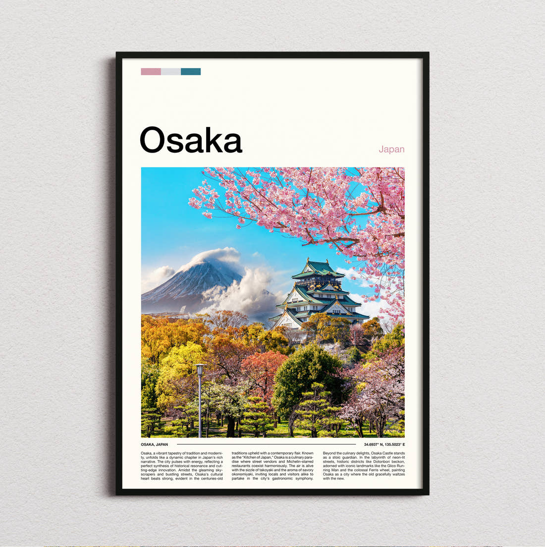 Osaka Castle Among Cherry Blossoms Travel Print framed and photographed straight on