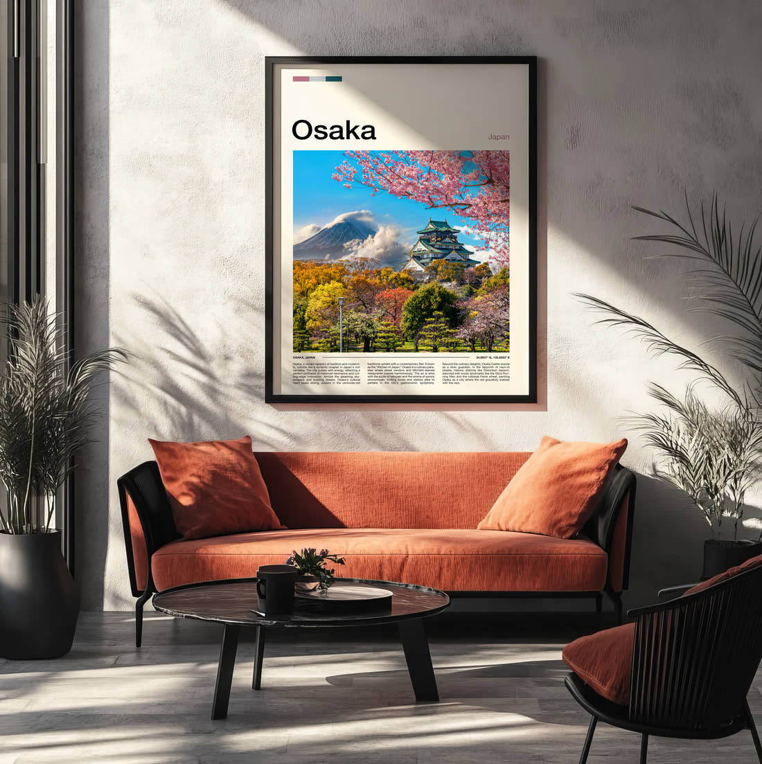 Osaka Castle Among Cherry Blossoms Travel Print framed on the wall of a modern living room