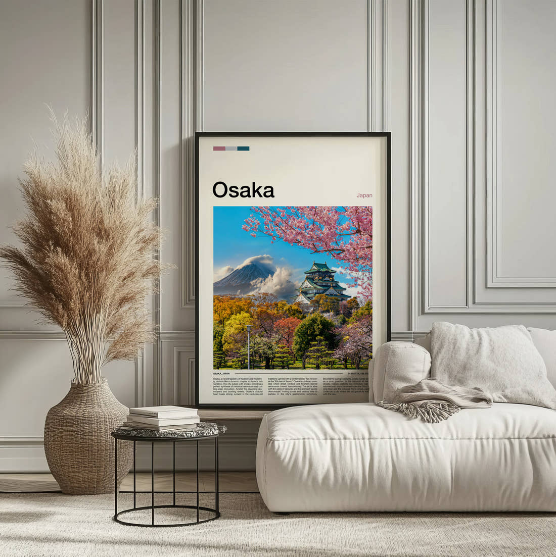 Osaka Castle Among Cherry Blossoms Travel Print framed on the wall of a calm, neutral bedroom
