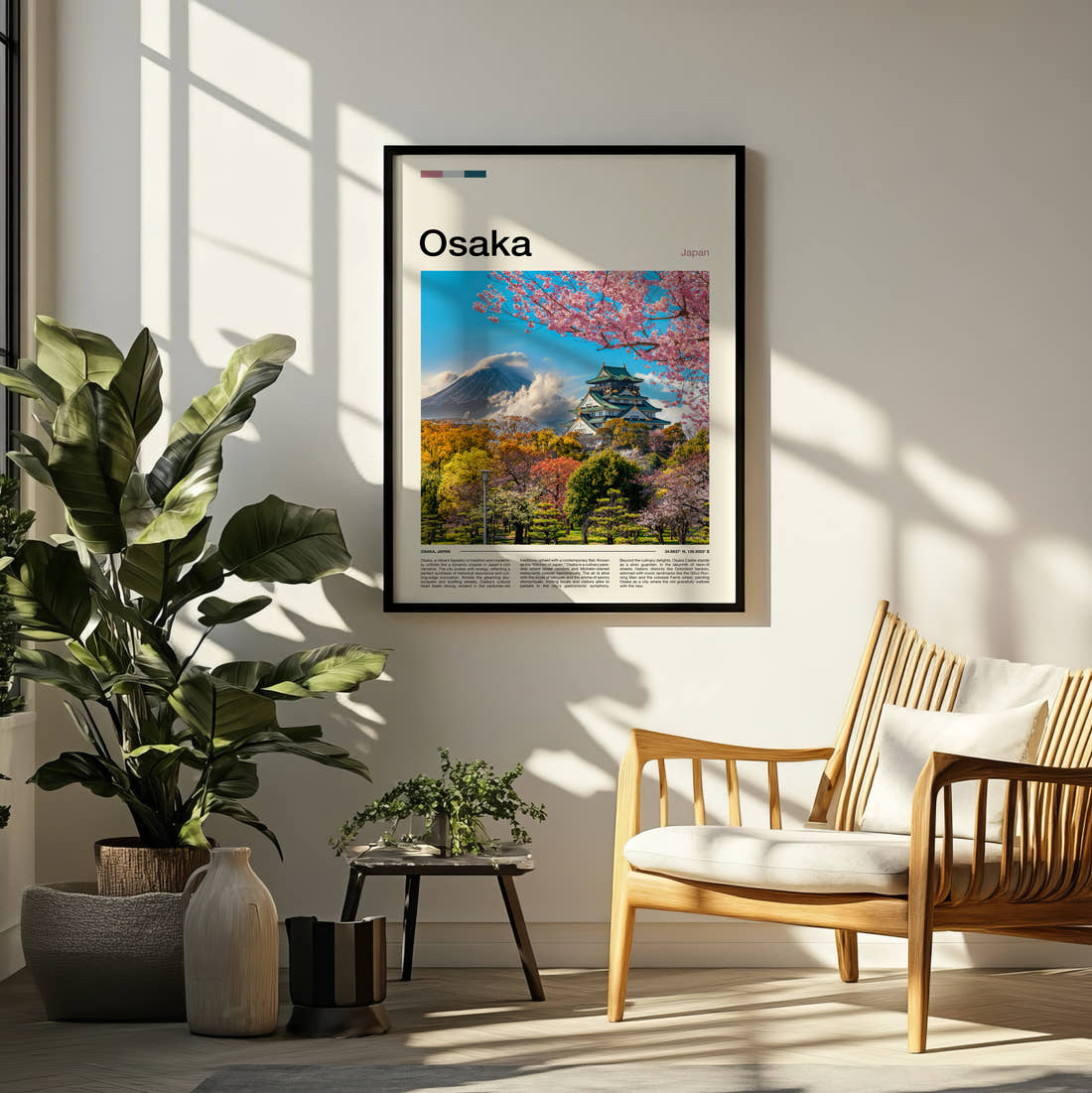 Osaka Castle Among Cherry Blossoms Travel Print framed on a pale wall beside houseplants